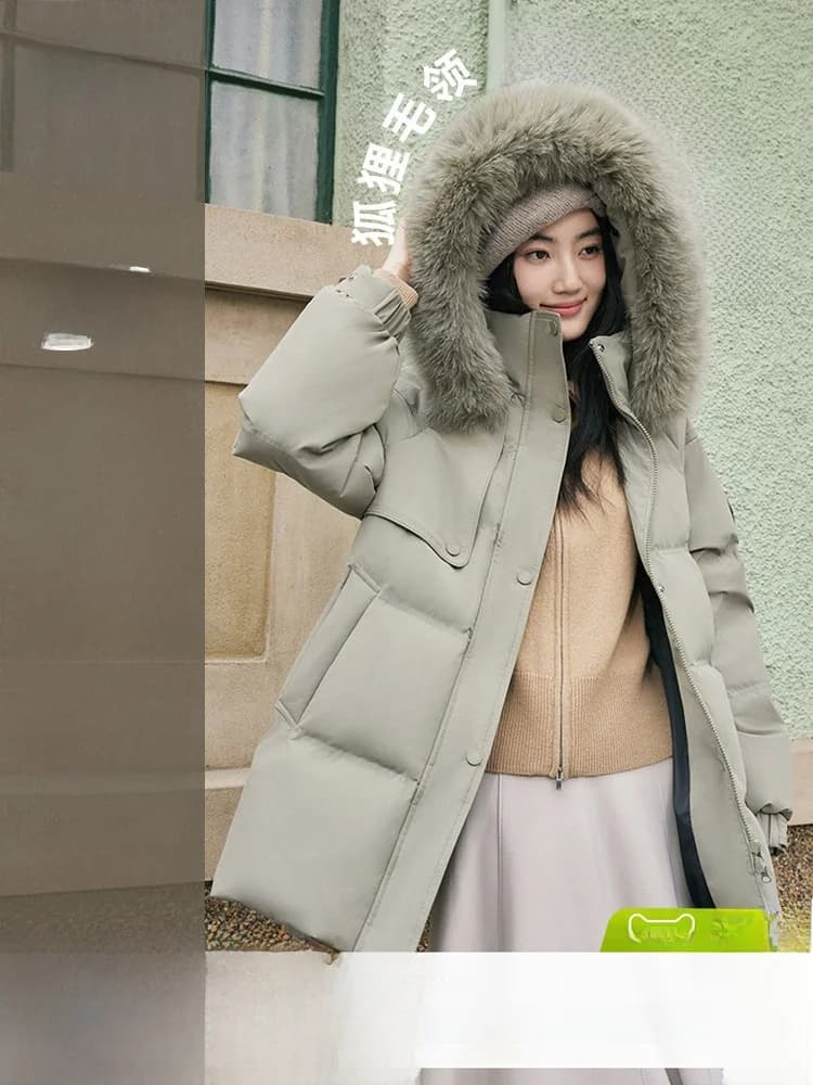 Elegant Snow Falling Collar Hooded Thickened Women's down Jacket SNOW FLYING Straight Cut Regular Sleeve Length Long