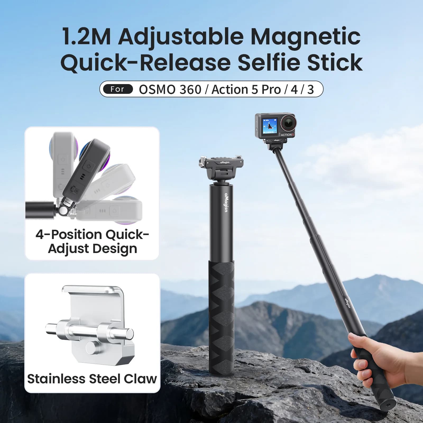 Bastone Selfie Magnetico a Sgancio Rapido da 120CM per OSMO 360 Action 5 Pro/4/3, Regolabile a 4 Livelli, Accessorio per Fotocamere con Vite da 1/4