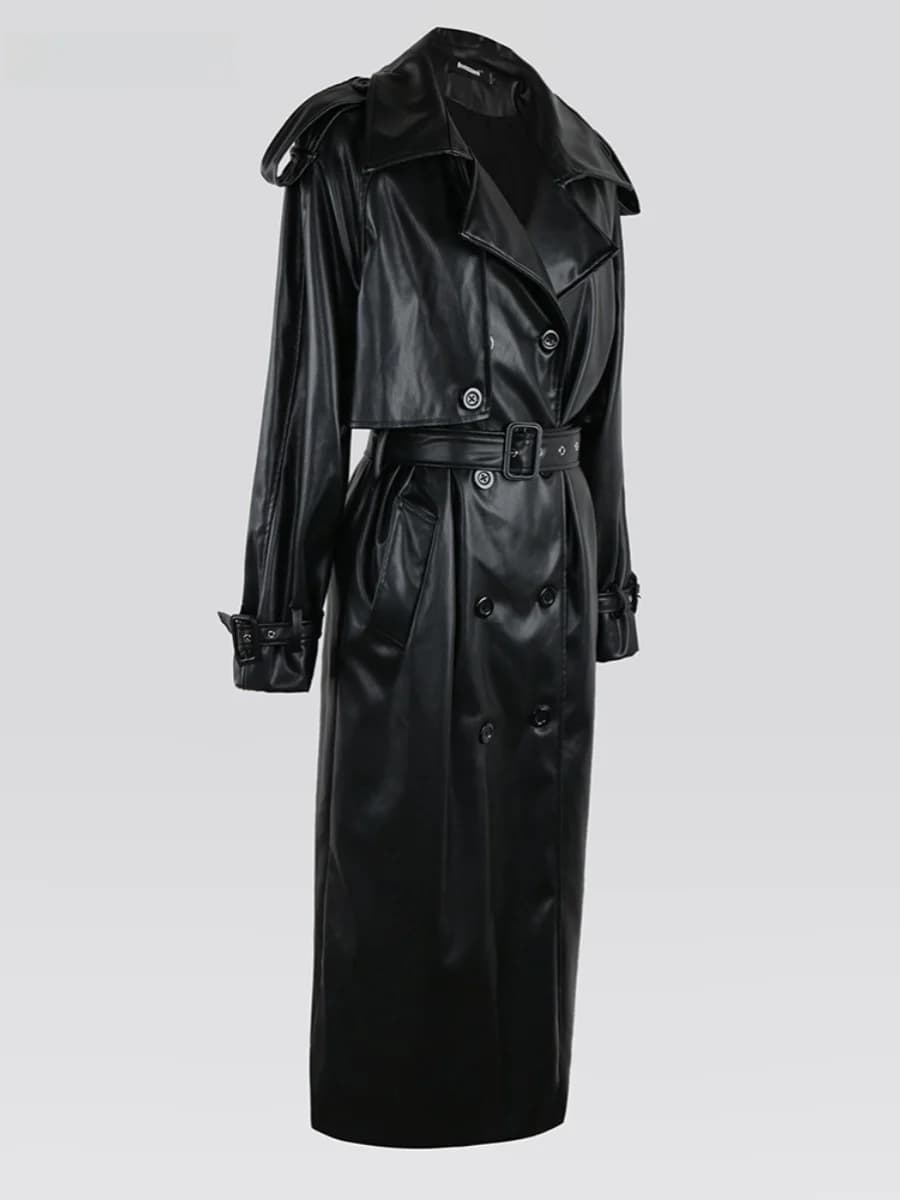 Nerazzurri Women's Long Leather Coat Black Double Row Button PU Leather Jacket with Belt Commute Style Fashionable Outerwear