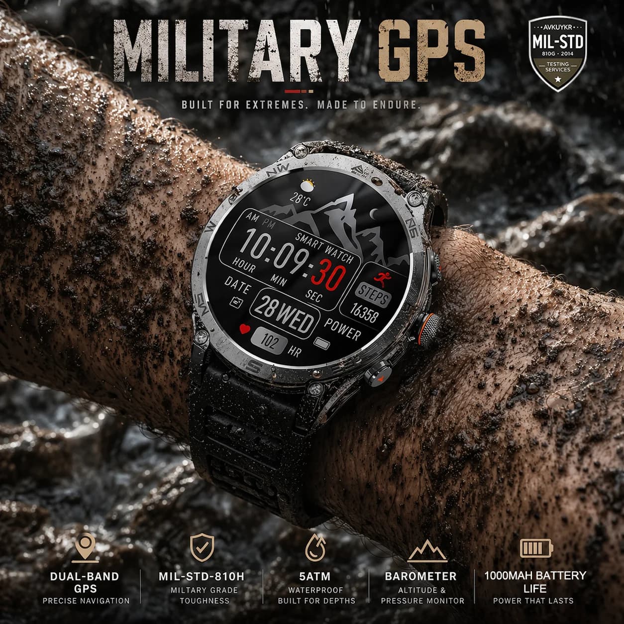 New Smartwatch Military GPS 2026 Waterproof 5ATM Navigation Dual-Band High Speed Barometer Battery 1000mAh Sporty Watch for Men