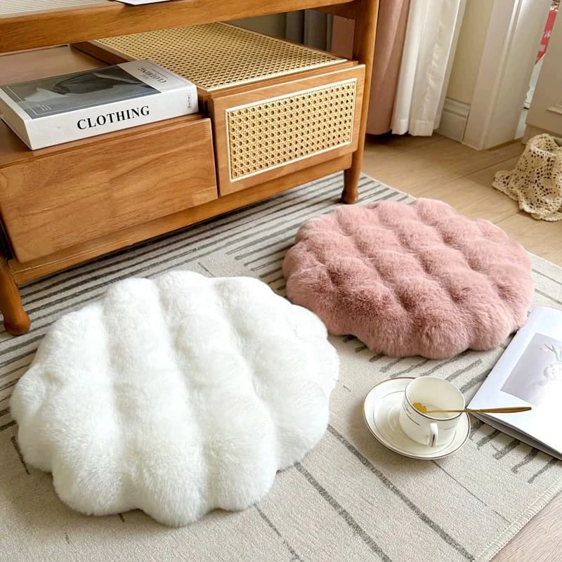 Faux Rabbit Fur Futon Cushion, Round Plush Chair Cover Cushion, Soft Japanese-style Tatami Mat, Memory Foam Meditation Seat Pad