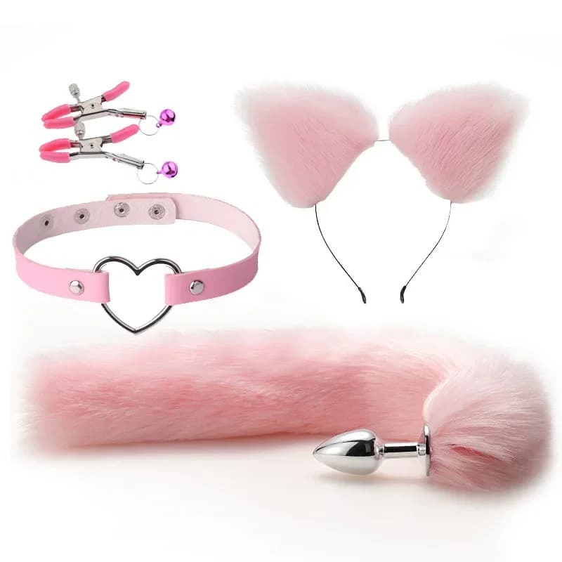 Women Cute Fox Tail And Cat Ears Headbands Set with Anal Plug And Nipple Clip Neck Collar BDSM Erotic Cosplay Sex Toy Kit
