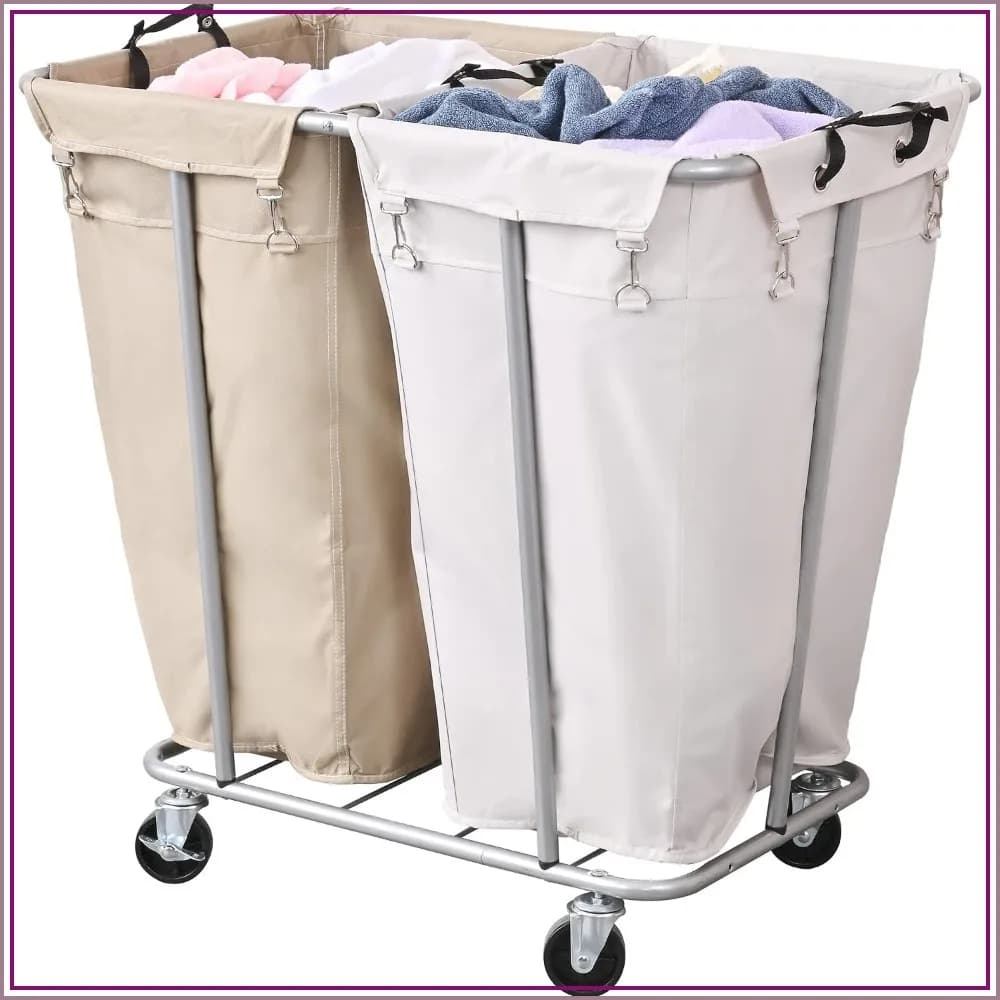 280L Large Laundry Cart with Wheels, 2 Section Rolling Sorter with Steel Frame and Removable Bag, 32.3L x 19.7W x 31.5H Inch