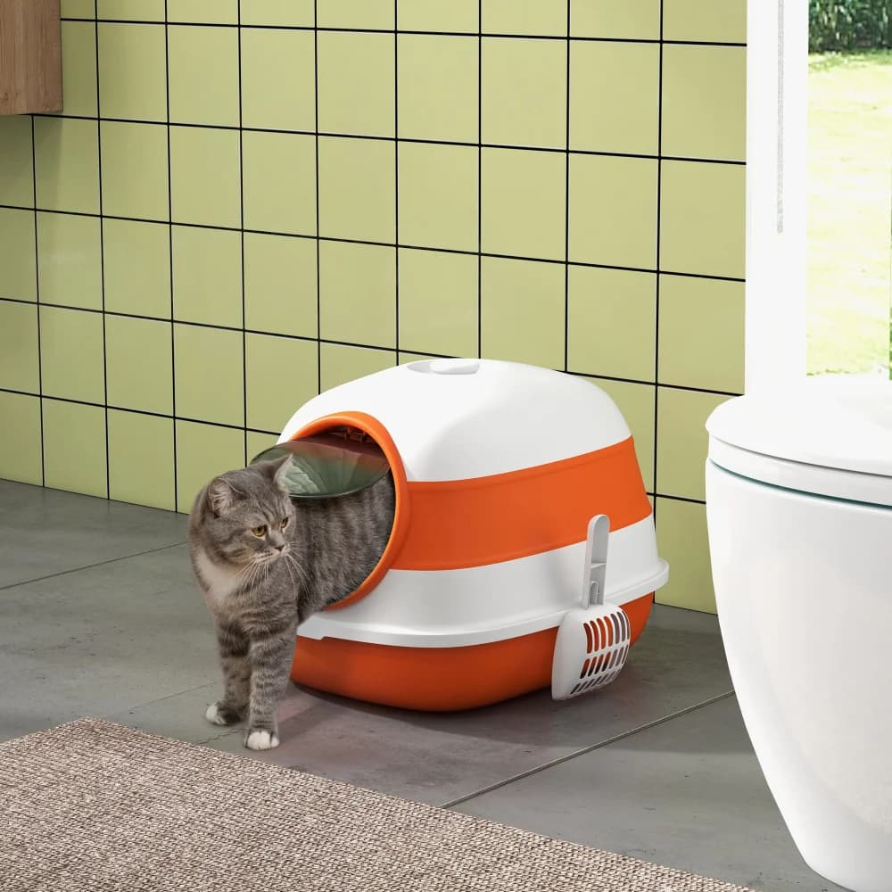 PawHut Cat Litter Box with Lid, High Sides, Air Freshener, Large Two-Way Entrance, Foldable, Easy Clean, Orange & Black