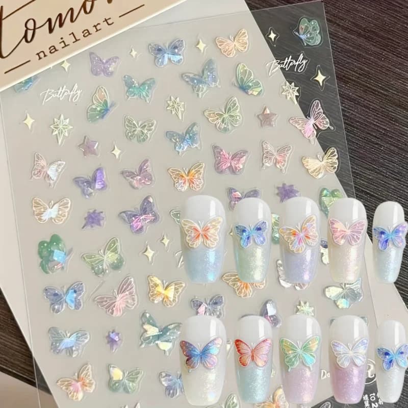 Adesivi per unghie a forma di farfalla iridescente da 10/20 fogli, adesivi scintillanti per unghie, autoadesivi, ad unica utilizzo, adesivi per unghie con motivo animale