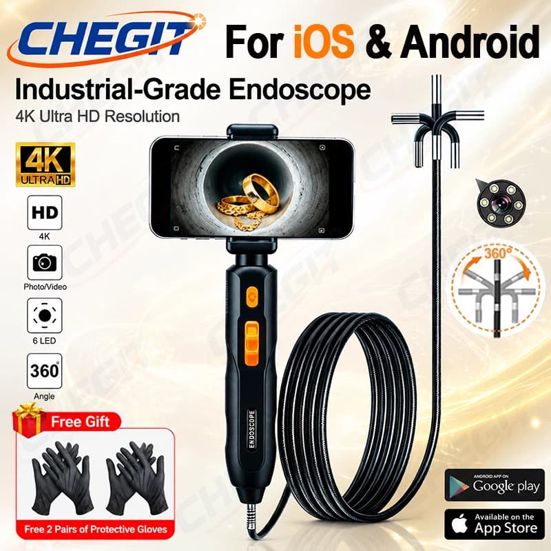 360 ° Endoscopio articolato con telecamera da 6,2 mm e luce, 4K UHD, compatibile con Android/iOS, per uso domestico