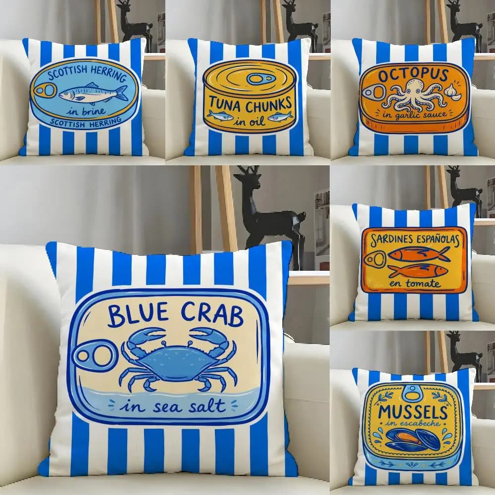 Blue White Striped Retro Fish Can Cushion Cover Natural Linen Pillow Case Organic Fabric Double Sided Print Sofa Home Decor Gift