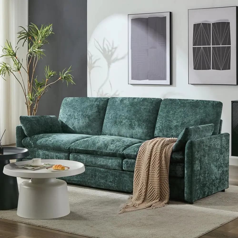 Divano a 3 Posti 89 Cloud Spring con Cuscini, Tessuto in Ciniglia, Rivestimenti Rimovibili, Morbido Arredamento Imbottito per Soggiorno, Verde