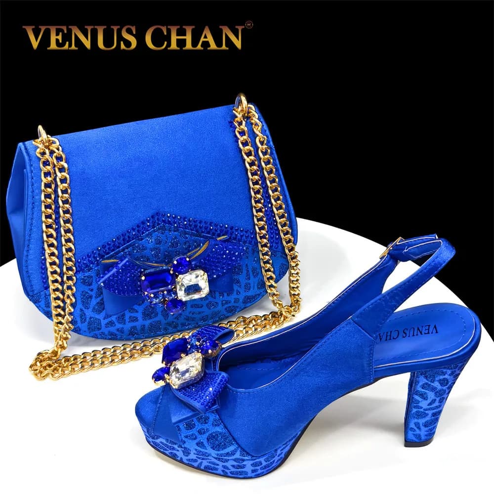 2024 Design with Rhinestone INS Hot Sale New Arrivals African Shoes and Blue Color Bag Set Open Toe Comfortable Women's heels