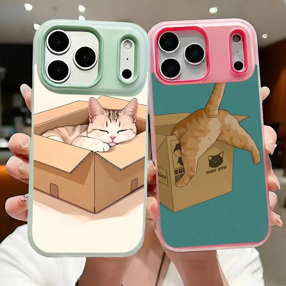 Cover per telefono con gatto che si infila nelle scatole, design divertente, per iPhone 17 16 15 14 Pro Max, in cristallo a doppio strato, liquido brillante, lusso