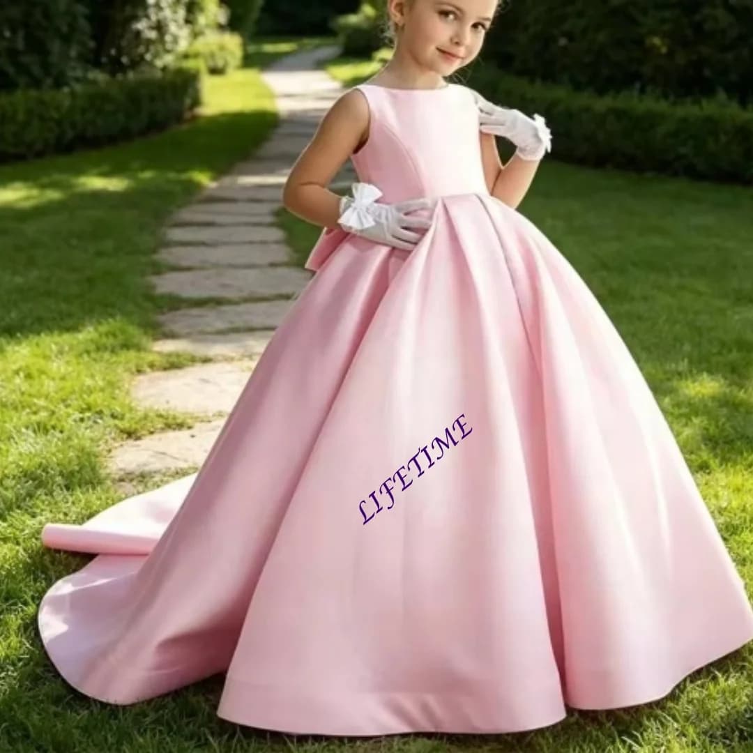 Abiti Personalizzati da Damigella per Bambine, Vestito da Principessa con Spalline Sottili e Schiena Aperta, Abito da Cerimonia con Fiocco in Raso