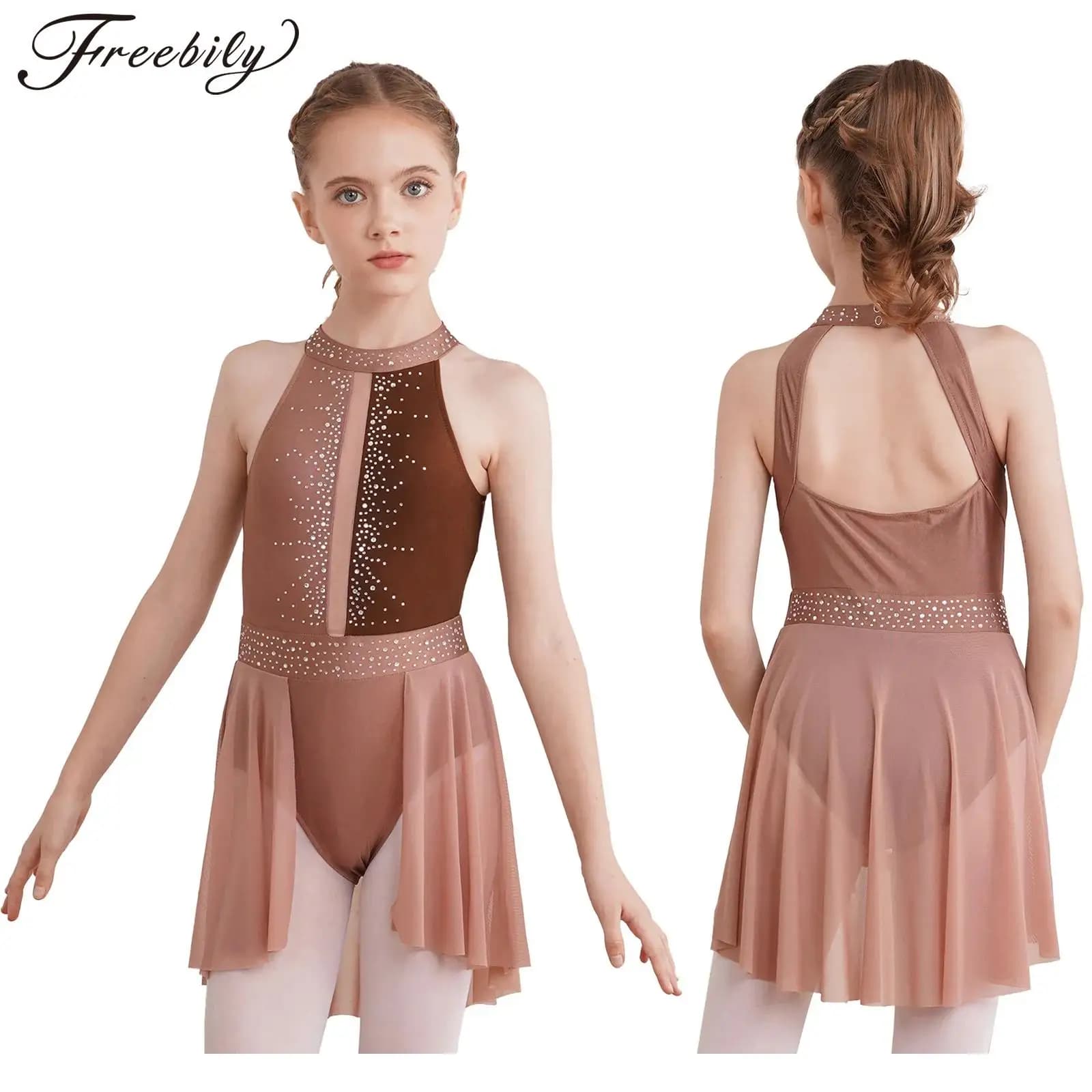 Bambini ragazze balletto vestito da ballo lirico pattinaggio di figura ginnastica body senza maniche Backless lucido strass Decor Dancewear