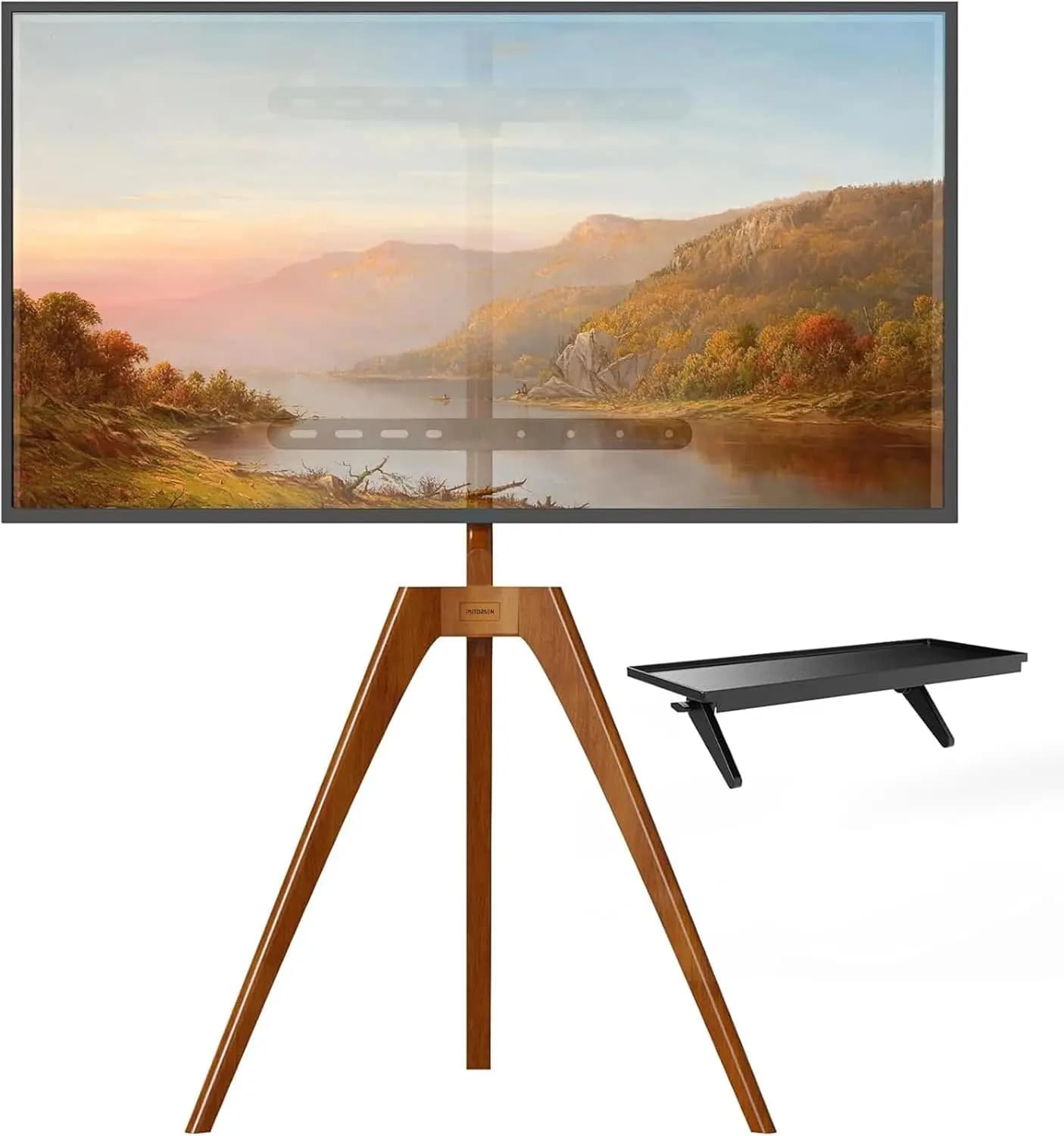 Supporto TV Regolabile in Legno per Schermi da 45-65 Pollici, con Ripiano e Gestione Cavi, Carico Massimo 40 kg