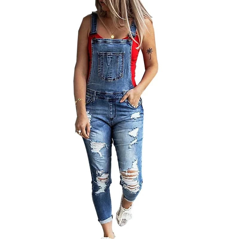 Tuta da donna sexy in denim con foro strappato da donna, moda autunnale, jeans larghi, pagliaccetti, tutina generale tascabile casual vintage taglie forti