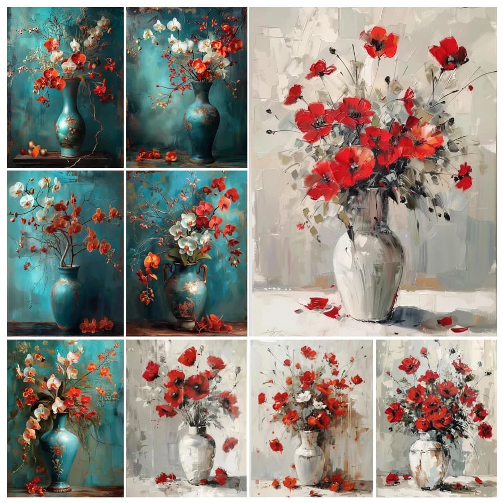 Painting By Numbers French Vase With Red Flower Adult Kit Seascape DIY Acrylic Paint Canvas Artwork Canva Art Gift Home Decorate