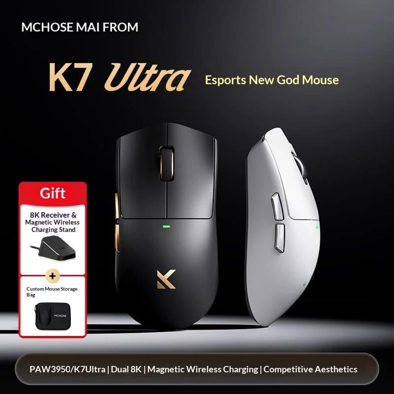 Mouse da Gaming Wireless MCHOSE K7 Ultra Leggero, PAW3950, Frequenza di Aggiornamento 8K, Ricarica Wireless Magnetica, Bluetooth, per Giocatori Esports