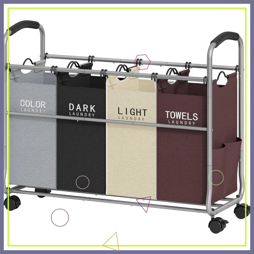 Organizzatore per Bucato a 4 Scomparti con Sacchi Rimovibili, Ruote Bloccabili Resistenti, 4 Colori per Facile Conservazione dei Vestiti