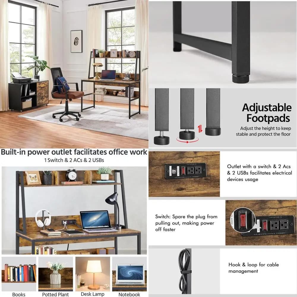 Grande scrivania da ufficio rustica marrone con prese di corrente, 2 porte USB, gabbia e libreria per studio e giochi