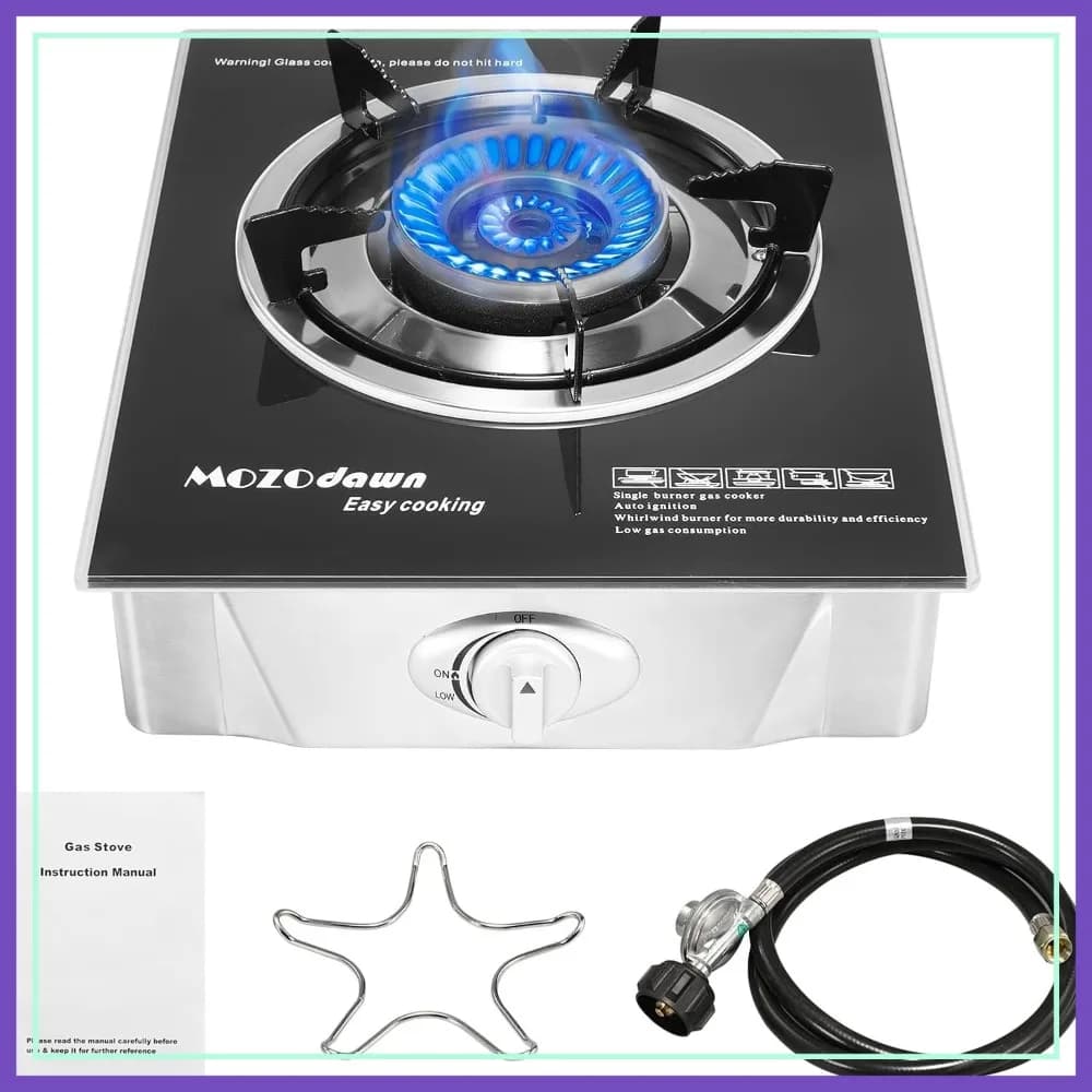 Fornello a Propano a Singolo Bruciatore 15000 BTU, Fornello Portatile a Gas per Campeggio con Adattatore e Tubo LPG per Cucina Interna ed Esterna