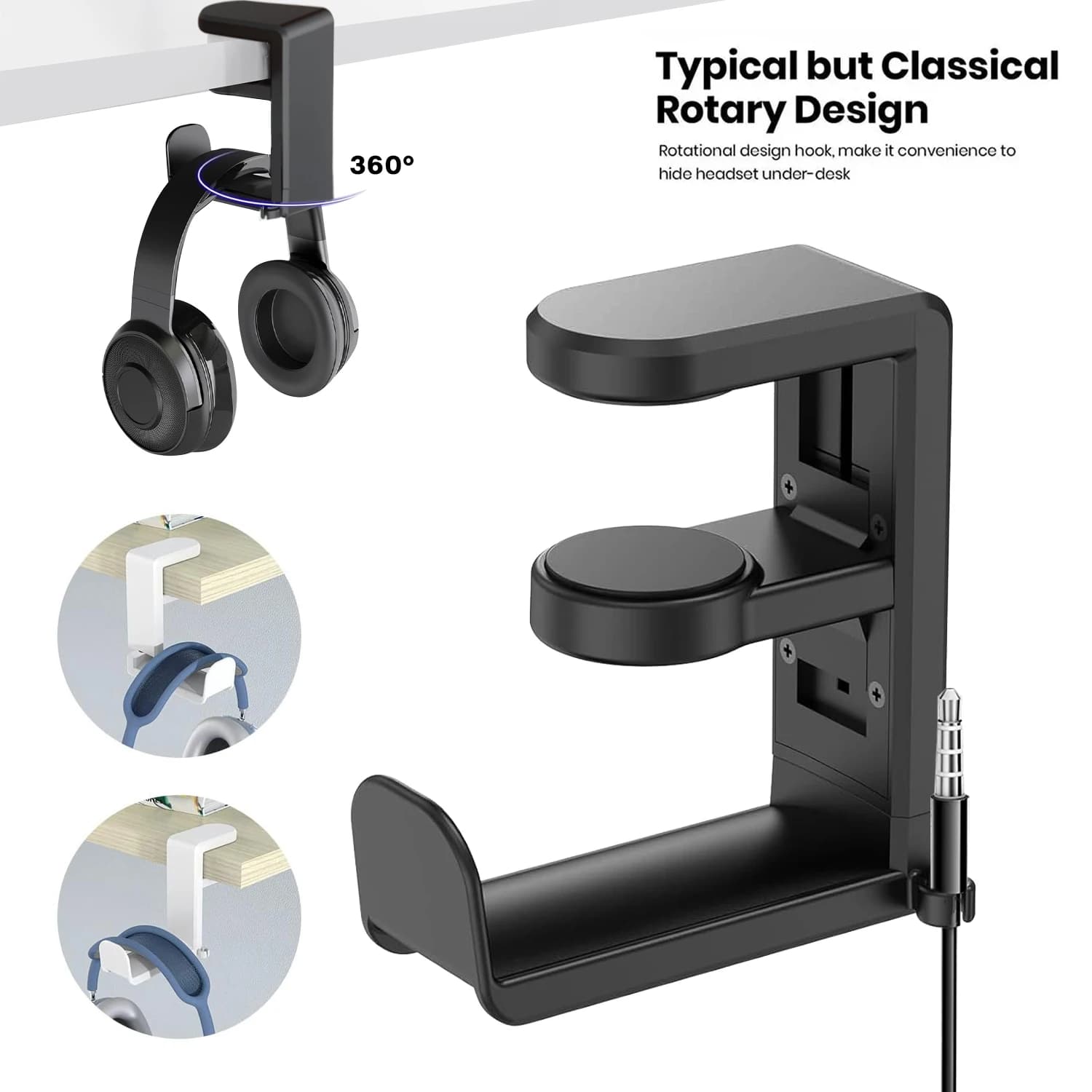 Supporto per cuffie per PC - Gancio per clip da tavolo senza trapano con 360 ° Rotazione - Supporto portaoggetti multiuso per cuffie sospese