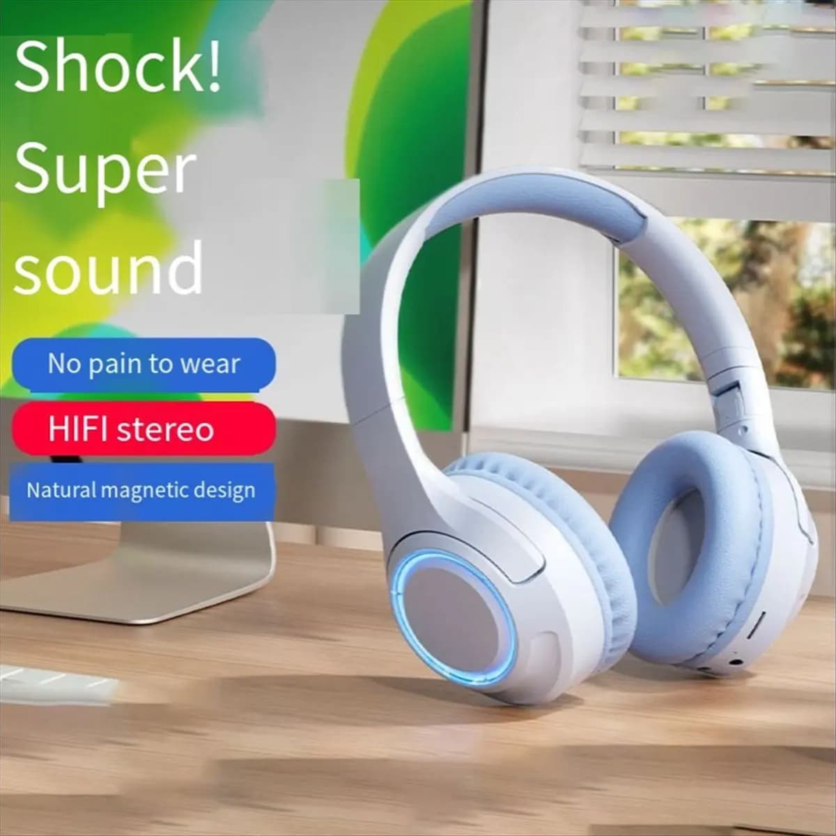 (A26M) Cuffie LED Bluetooth Wireless con Bassi Potenti, Auricolari HIFI per Sport e Gaming, Supporto Scheda TF, Portatili - C