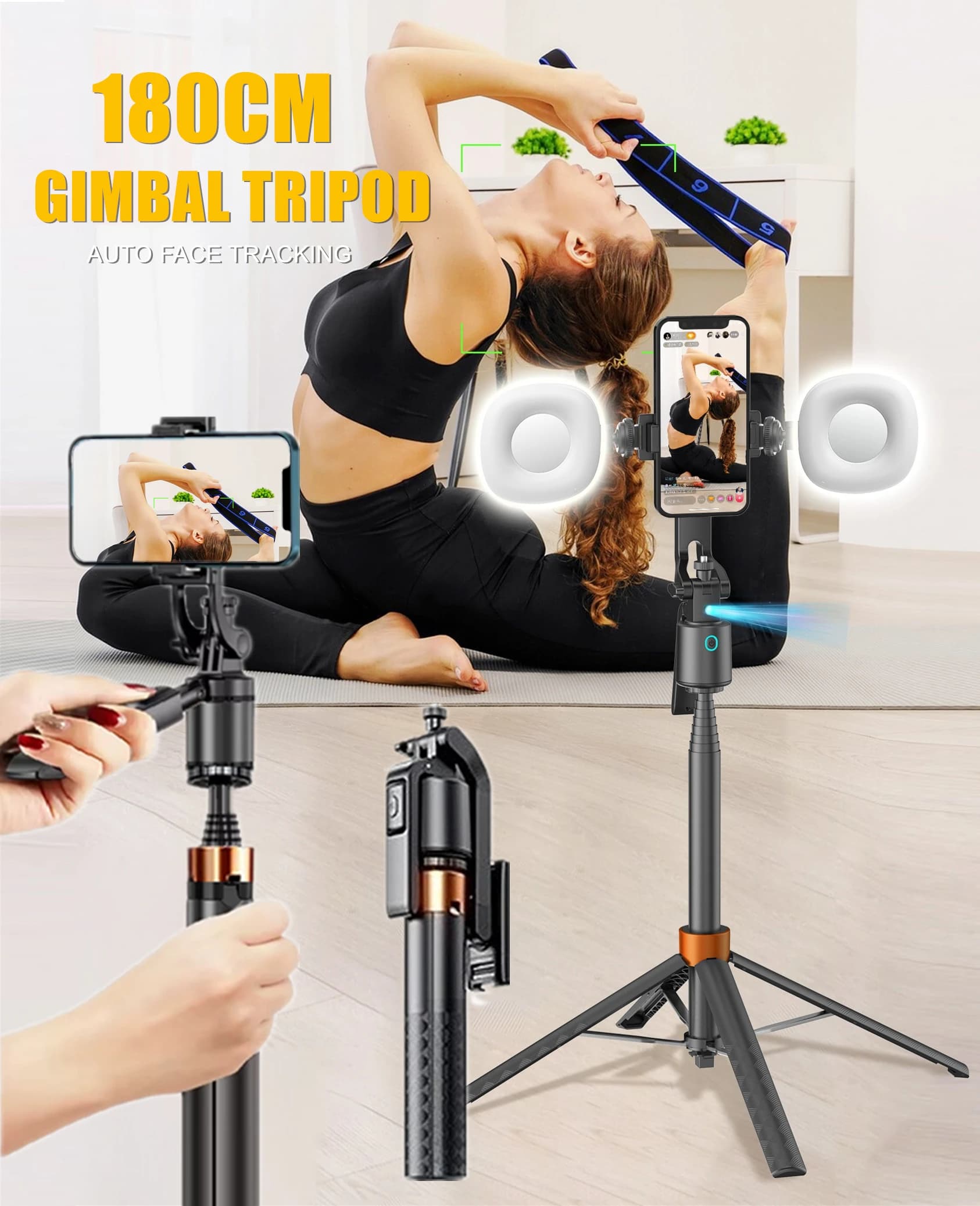 Treppiede stabilizzatore gimbal portatile con tracciamento automatico del volto da 180 cm/70,9 pollici per smartphone mobile Action Camera Bastone selfie wireless