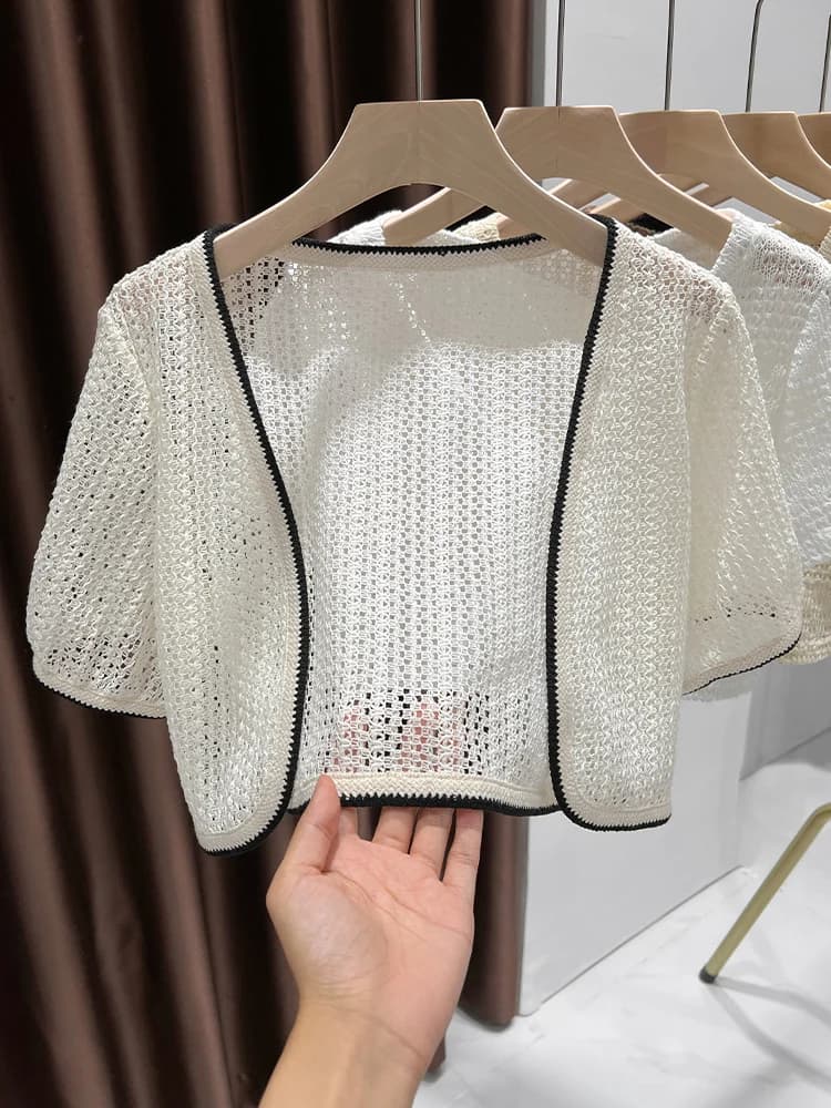 Ice Silk Knitted Open Cardigan Hollow out Bubble Sleeve Summer Outerwear Women's Strap Vest Short Sleeve Shawl Thin Ladies Ja...