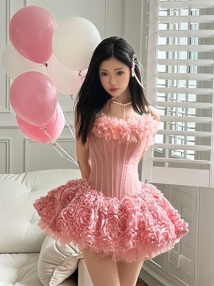 Gonna Corta Gonfia Rosa Moulinrose con Petali 3D e Fibbia, Stile Principessa, per Compleanno, con Cerniera, Vita Alta, Senza Maniche