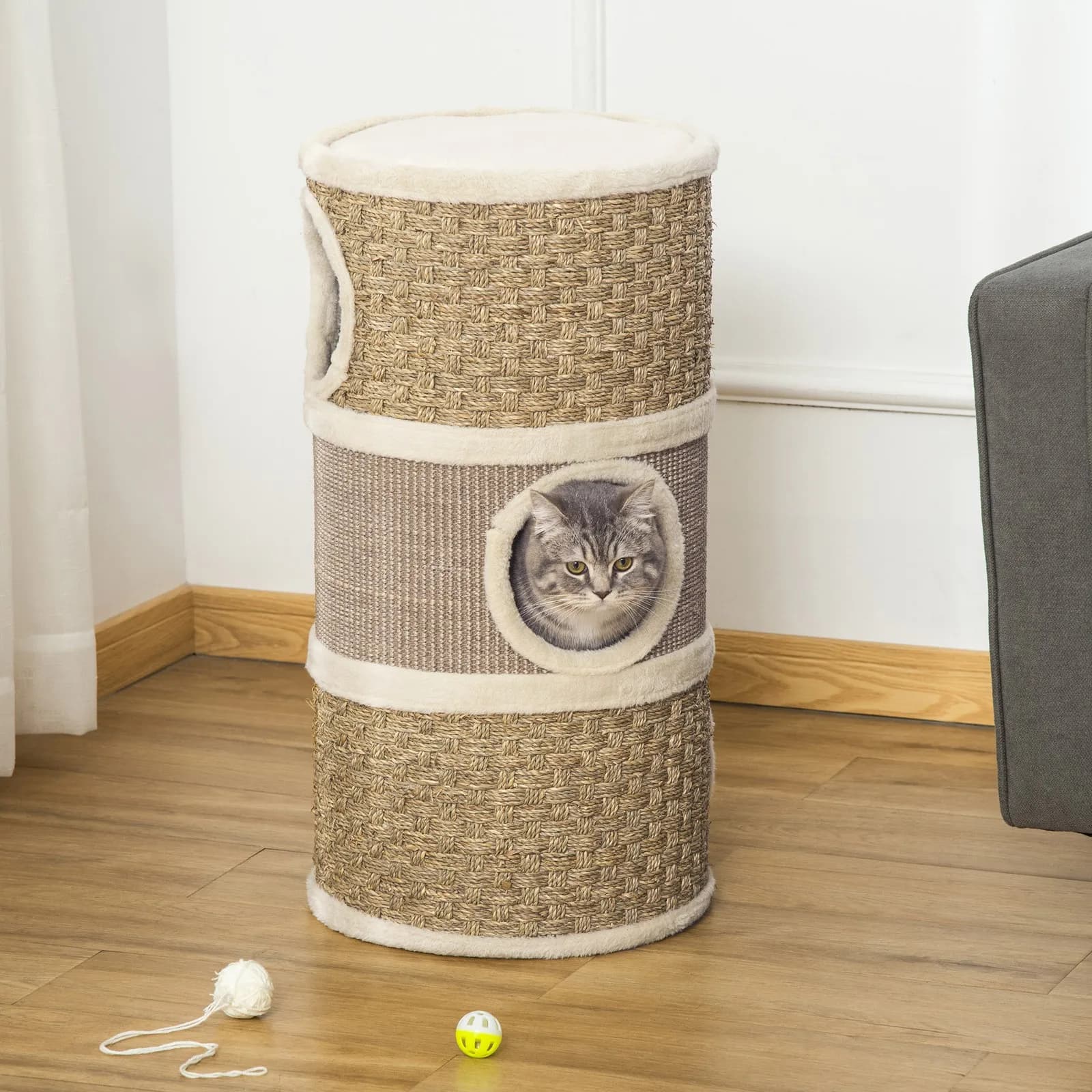 Cuccia per Gatti da 28 Pollici, Albero per Gatti a Forma di Barile per Gatti da Interno, Colore Kaki e Marrone