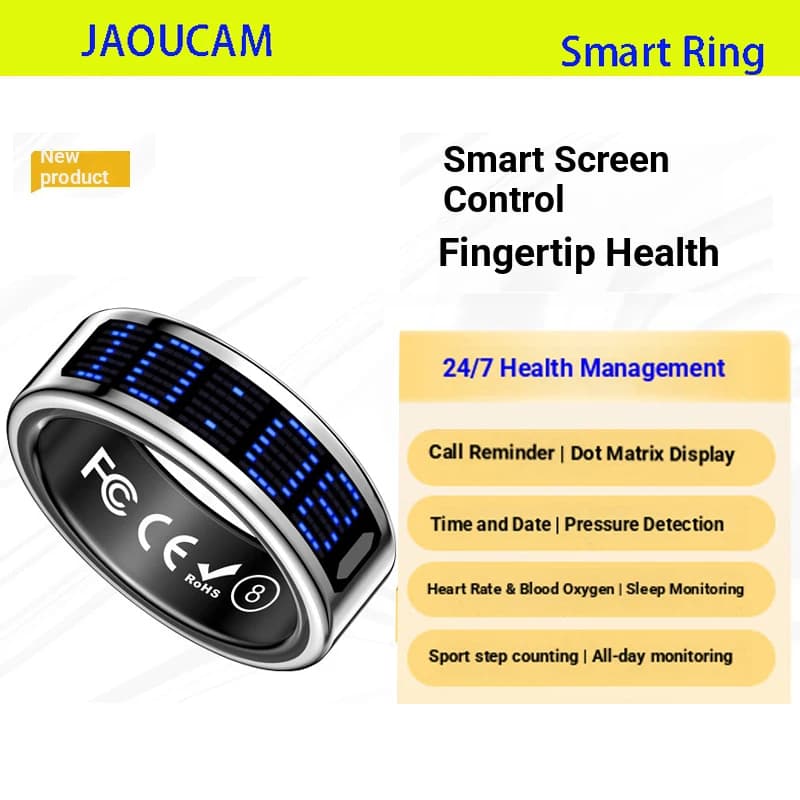 Anello Smart 2026 con Chiamata, Notifiche, Monitoraggio Frequenza Cardiaca e Pressione Sanguigna, Impermeabile 5ATM, Multisport, per Uomini e Donne
