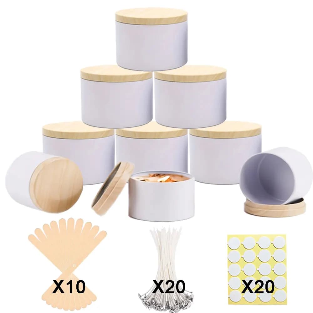 58 pezzi Kit per realizzare candele 6 vasetti per candele con coperchio 20 pezzi stoppino in cera di soia 20 pezzi Nano adesivi 12 pezzi stoppino in legno per aromaterapia