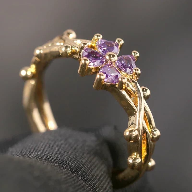 Delicato Anello Aperto a Fiore con Zircone Viola, Anello Floreale Leggero Placcato Oro Regolabile con Fascia a Vite Intrecciata, Anello Confortevole Ipoallergenico per Uso Quotidiano