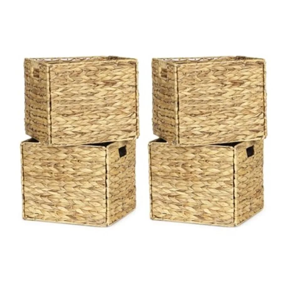 Rectangular Storage Baskets 13x11in, 4 Pack Water Hyacinth Wicker Bins with Handles, Foldable Natural Organizer for Shelves Kit