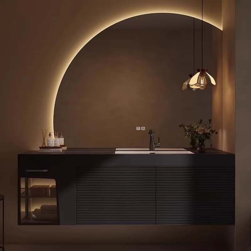 Set Mobile Bagno in Legno Massello Stile Vintage Francese con Specchio Smart e Lavabo in Granito Senza Giunzioni per Magazzini e Ospedali