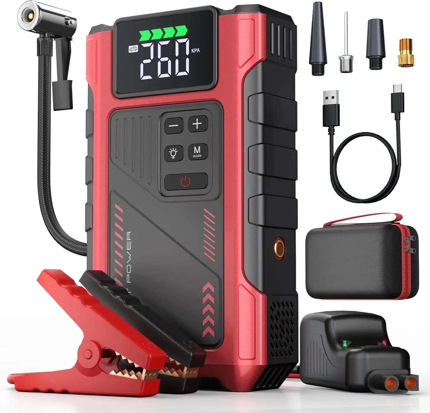 Avviatore d'Emergenza Portatile 4500A con Compressore d'Aria, Gonfiatore Pneumatici e Power Bank per Veicoli 12V