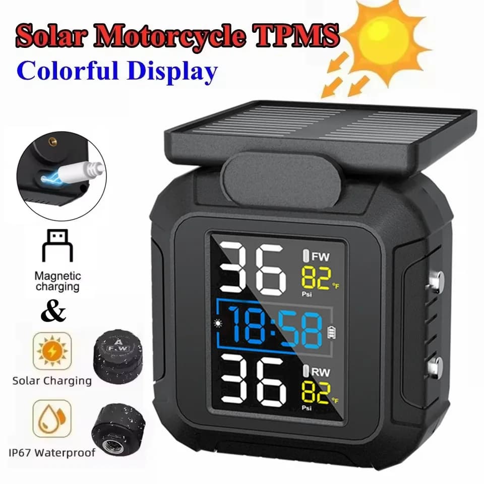 Sensore di allarme della temperatura dei pneumatici per moto senza fili con display colorato TPMS per moto solare