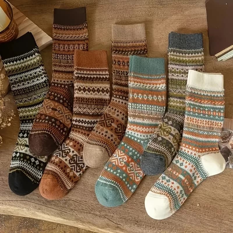 Retro 7-Color Mid-Calf Socks for Women - Ethnic Style, Fashionable Chunky Design for Autumn and Winter