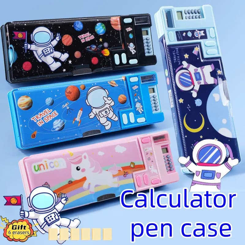 Calcolatrice dei cartoni animati Astuccio multifunzionale Studenti elementari Scatola di cancelleria di grande capacità Doppio strato Doppia apertura