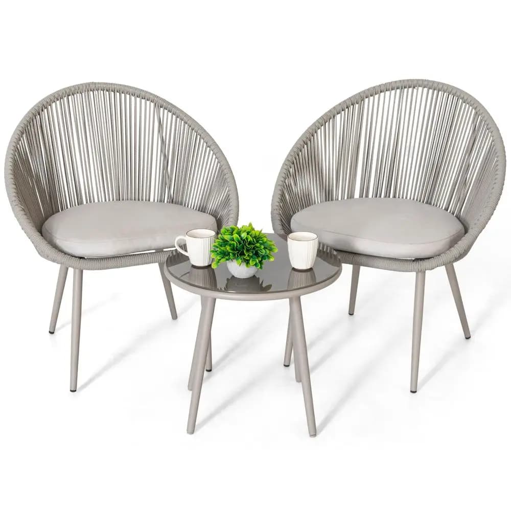 Bistrot Set in 3 Pieces, Conversation Set in Braided Corda, Garden Chairs and Table Resistant to the Underwear with cushions