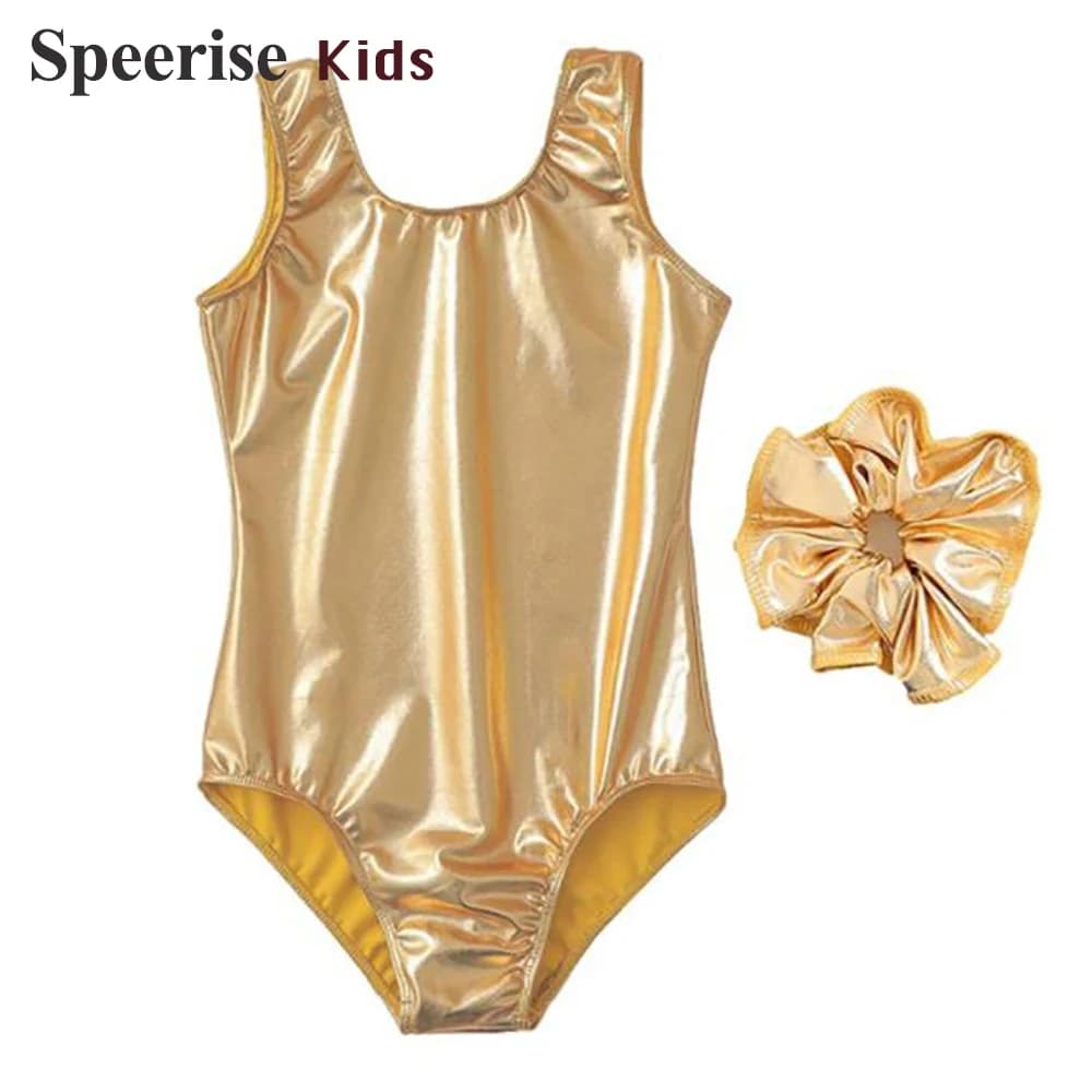 Body da balletto per bambini in spandex metallizzato lucido, ginnastica artistica, abbigliamento sportivo, competizione, danza per spettacoli teatrali in costume da ragazza