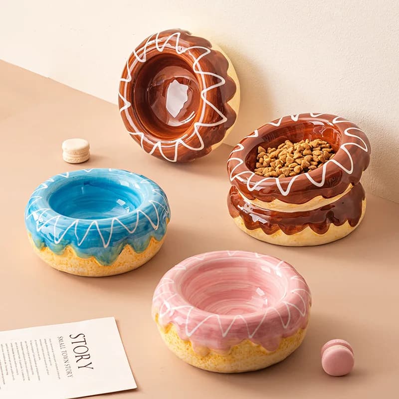 Cat Donut Ceramic Pet Bowl High Footed Slanted Mouth Cat Bowl Cervical Protection Cat Bowl Anti Tipping Water and Food Bowl