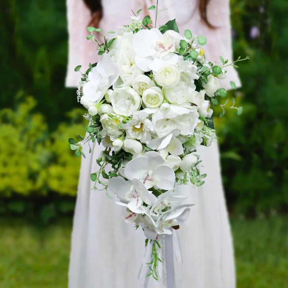 Simple wedding bouquet white moth orchid for wedding pink silk drop water cascade bouquet of noiva para casamento