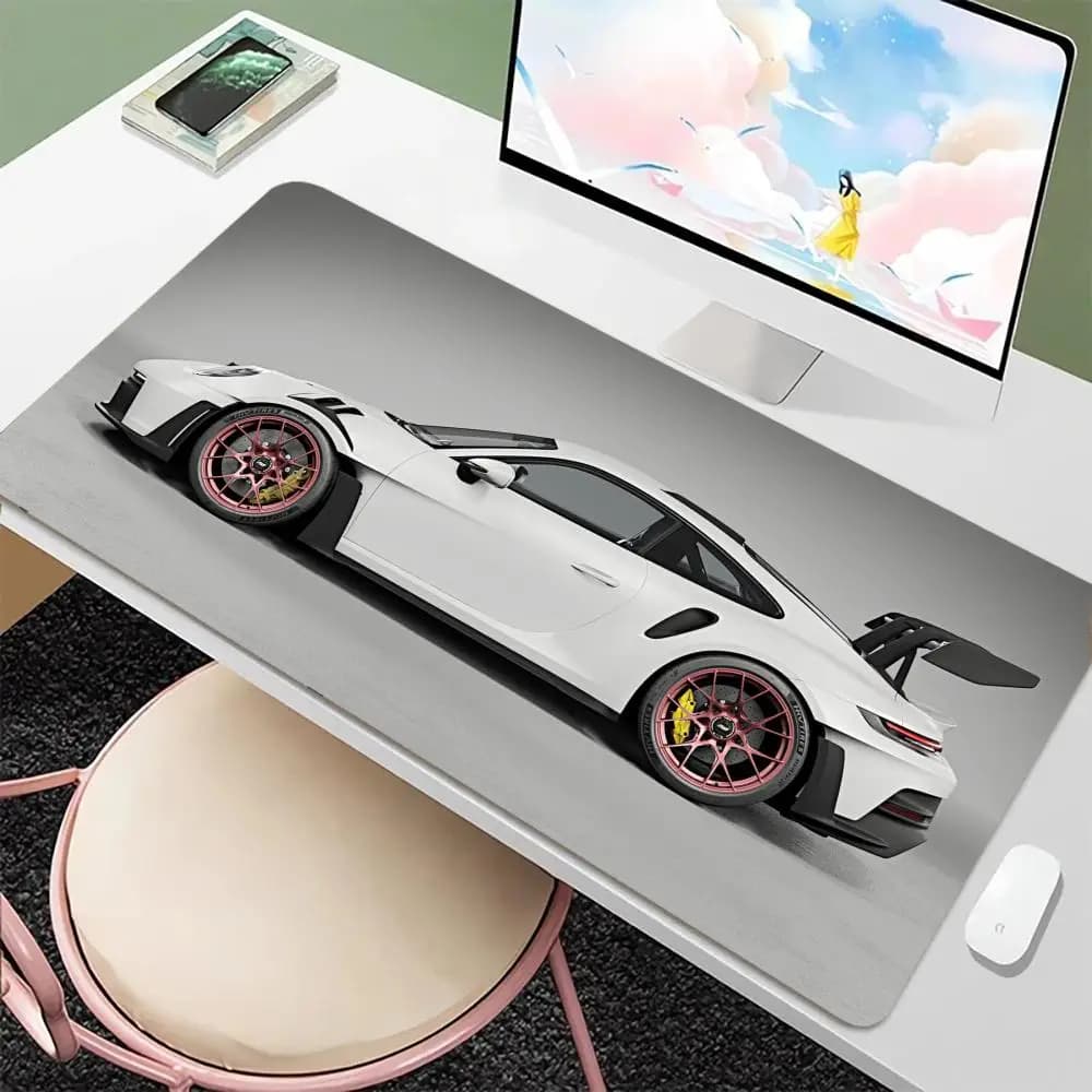 XXL 90x40cm White Cool Sports Car Gaming Mouse Pad, Non-Slip Rubber Base, Extended Desk Mat for PC Laptop