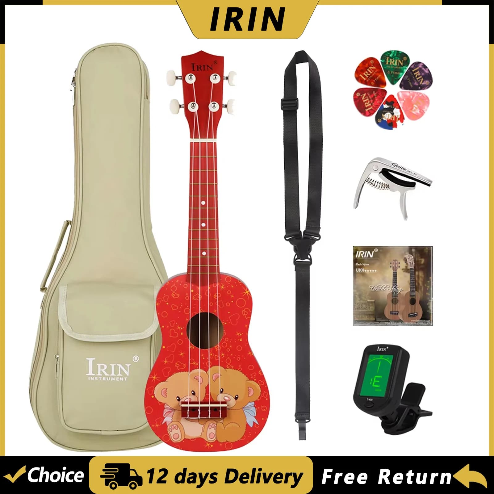 IRIN Ukulele 21 Pollici a 4 Corde, Chitarra Hawaiana, Mini Ukulele con Borsa, Accordatore, Corde, Capotasto, Parti e Accessori per Chitarra