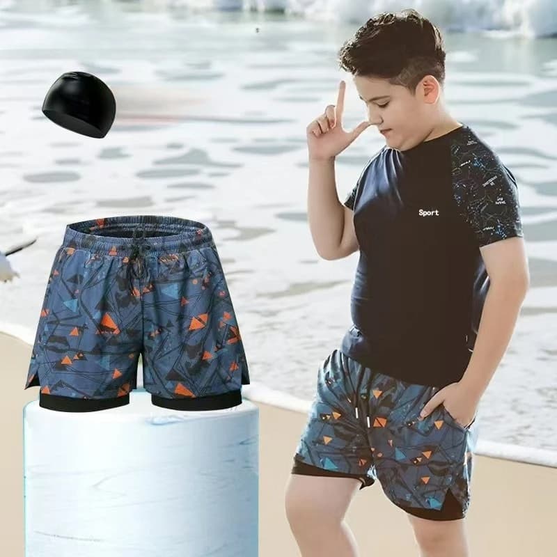 Costume da bagno per bambini robusti 17-67 kg, set estivo 3 pezzi per ragazzi, costume da bagno taglie forti per adolescenti, pantaloncini da nuoto e cappello per bambini.