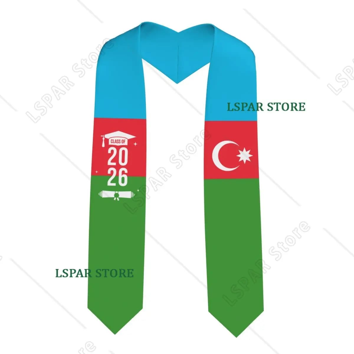 Sciarpa/Stola di Laurea con Bandiera dell'Azerbaigian per Studenti Internazionali, Classe 2026, Lunga 183 cm