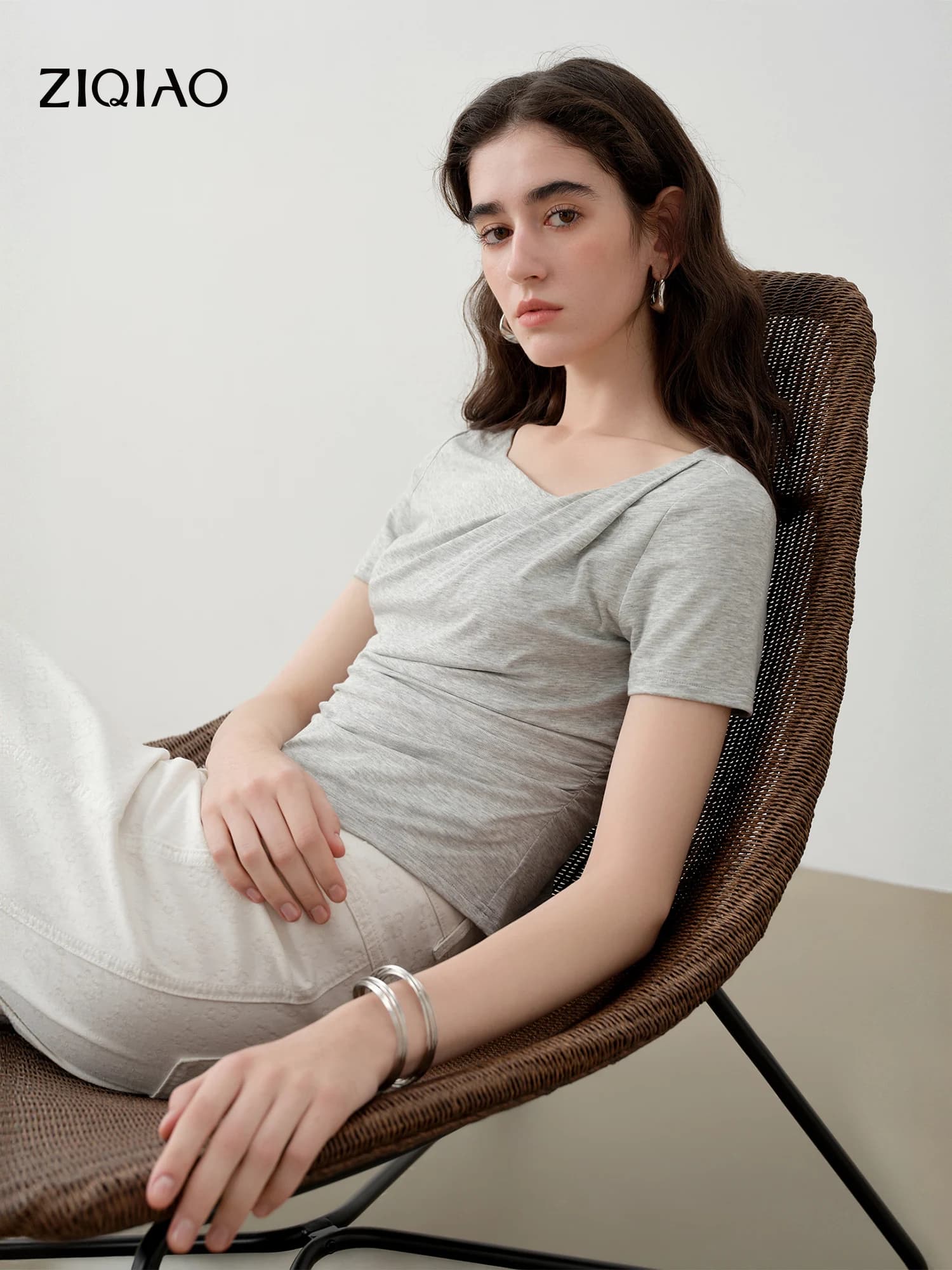 ZIQIAO women's short sleeve T-shirt with asymmetrical neckline and lateral folds in waist, New Arrival Summer 2026