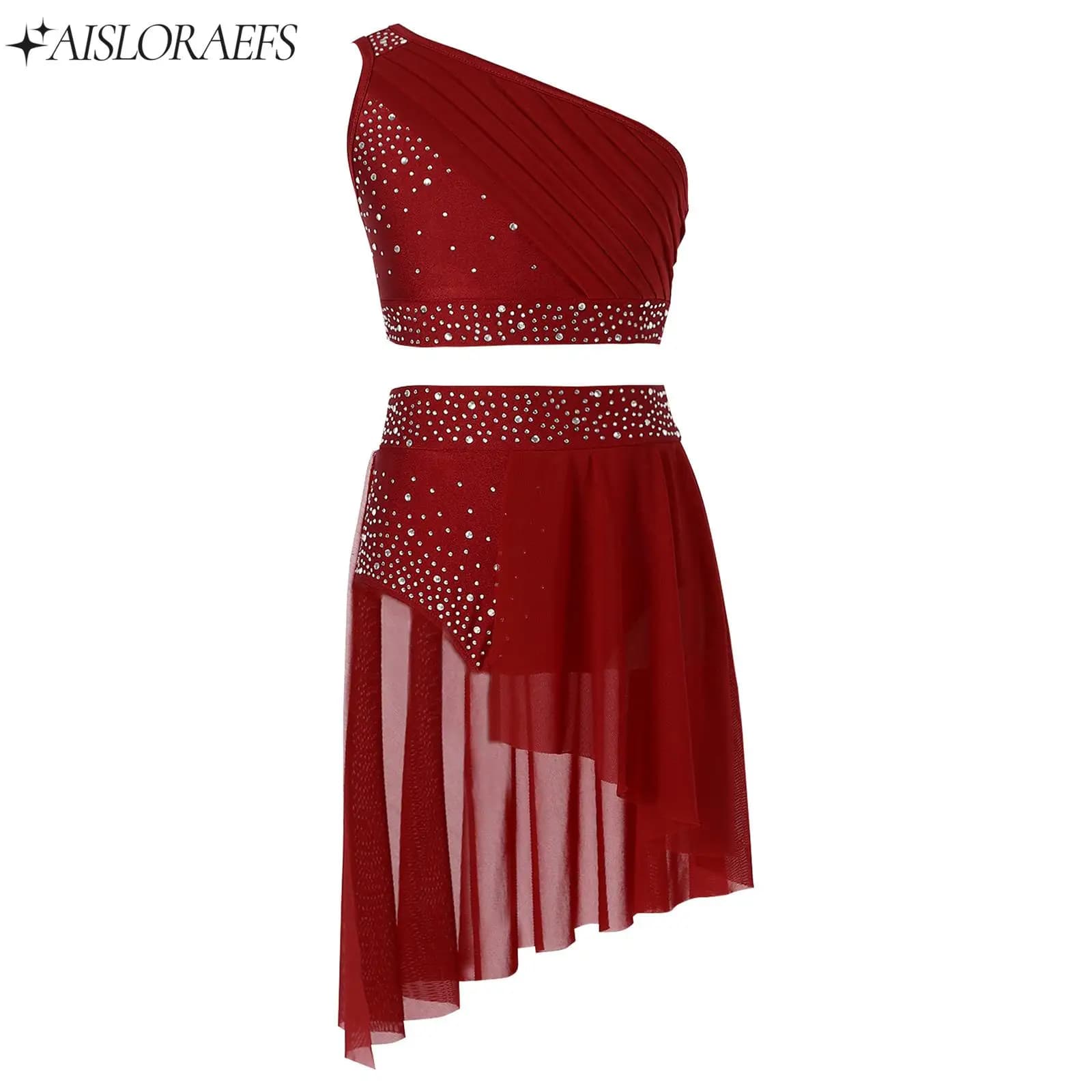 inlzdz Bambini Ragazze Vestito da ballo lirico Balletto Palestra Body Danza moderna Pattinaggio Costumi di performance Strass Crop Top + Gonna