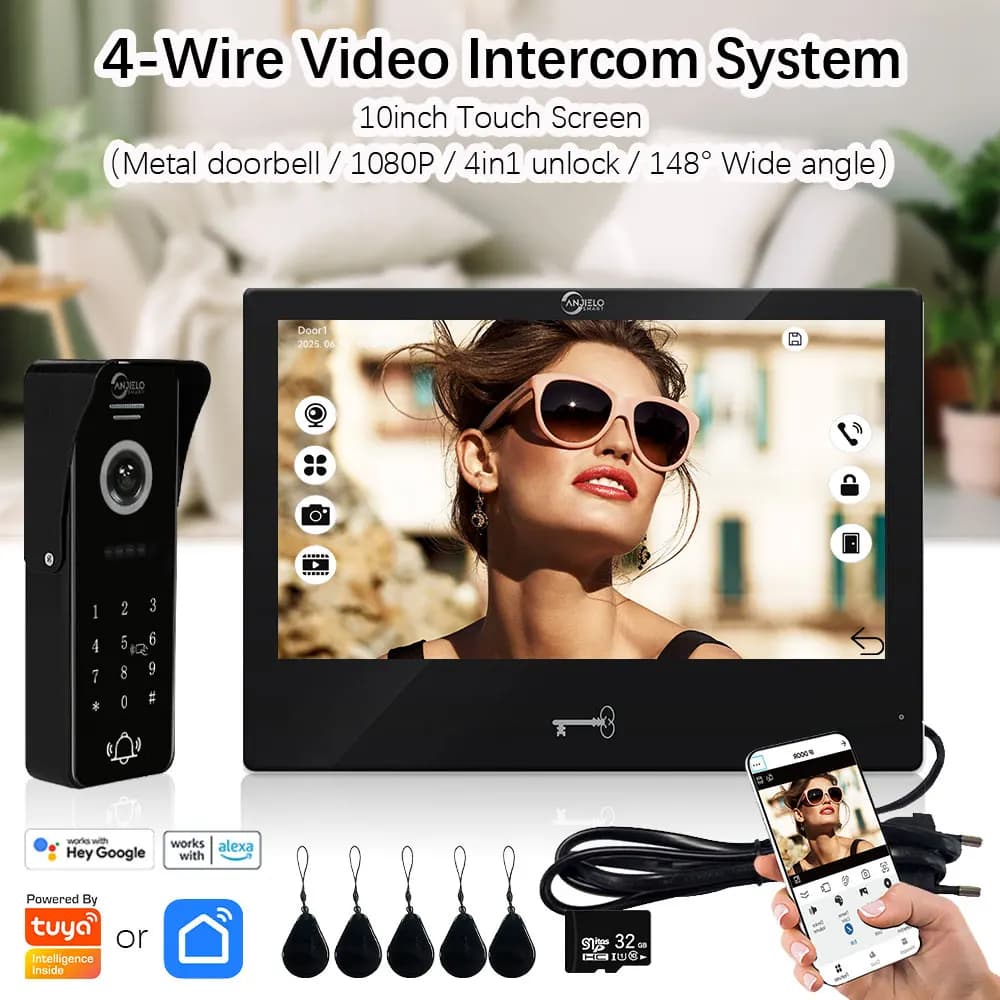 Tuya Smart Video Campanello Citofono Sistema per Casa Appartamento Cancello e Serratura Sblocco Monitor Touch da 10 Pollici Telefono Visivo 1080P