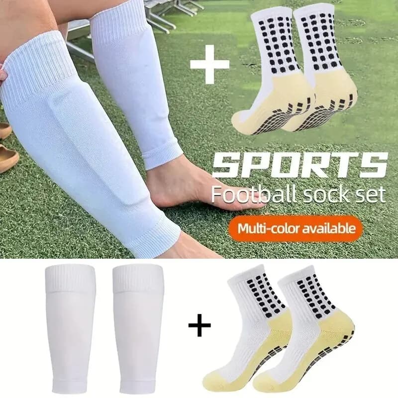 Set of 2 pairs of men's non-slip football socks and knee pads, calve sleeves, anti-slip braces for adults and boys, for basketball, football and other sports